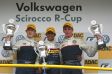 (L-R) First Runner Up M. Oestreich, Race Winner Aditya Patel and Second Runner Up M. Lisowski at the podium after the race